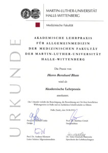 Urkunde - Akademische Lehrpraxis für Allgemeinmedizin der medizinischen Fakultät der Martin-Luther-Universität Halle-Wittenberg